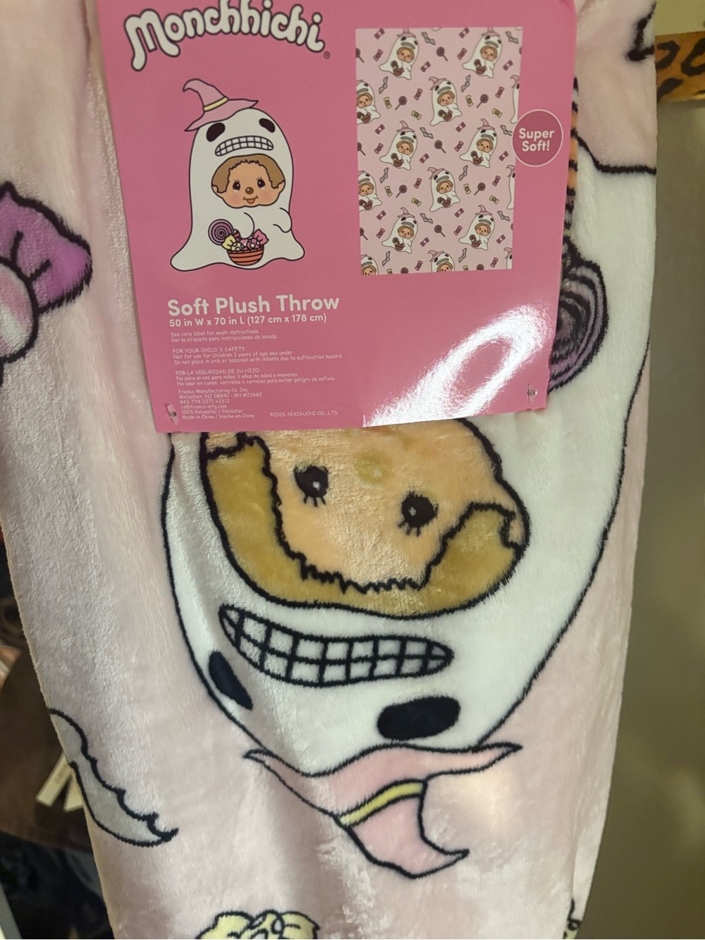 Monchhichi Pink Soft Plush Throw Blanket